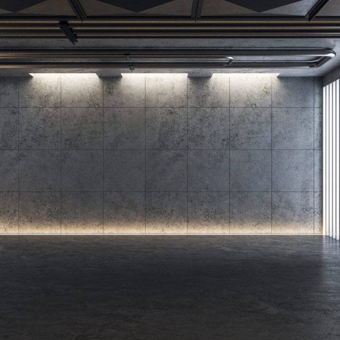 Light concrete gallery interior with lights and abstract installation. Mock up, 3D Rendering
